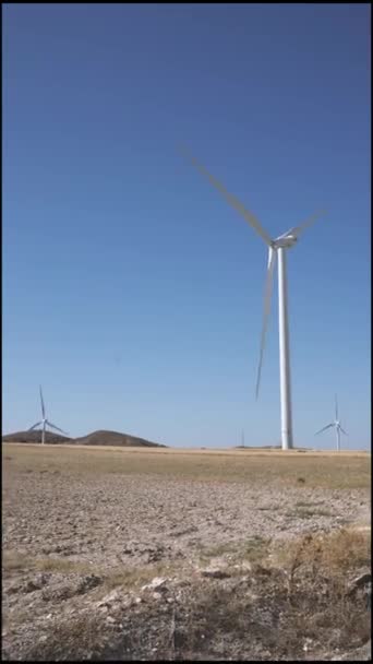 Modern windmills located in field near road against cloudless blue sky on wind power station in countryside. 4K vertical. - Metraje, vídeo