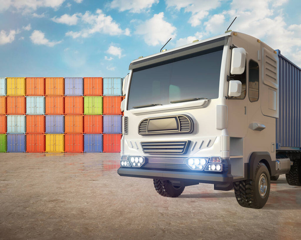 3D логістичний причіп вантажівка або електромобіль вантажівка в контейнерному терміналі
 - Фото, зображення