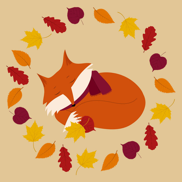 Flat autumn fox with leaves. Golden season foxy with leaf greeting card. Vector illustration - Vector, Image
