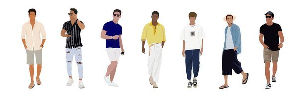 Summer Street fashion men vector art illustration. Young men wearing trendy modern street style outfit standing and walking. Cartoon style vector realistic illustration isolated on white background. - Vector, Imagen