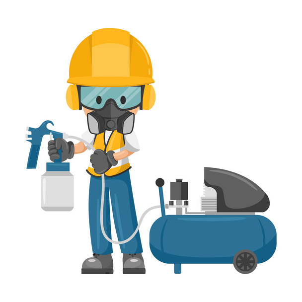 Painter industrial worker with personal protective equipment using an air compressor spray gun. Industrial safety and occupational health at work - Vector, imagen