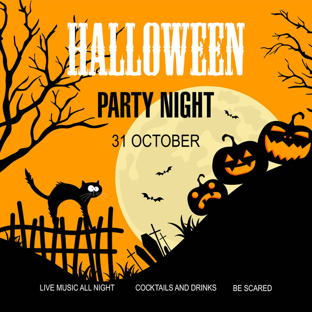 Halloween party night promo banner, poster or invitation flyer for Halloween holiday celebration on October 31. Halloween leaflet design template with faced pumpkins, flying bats and funny scared cat. - ベクター画像
