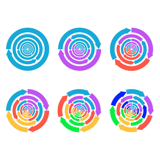 Swirl arrow whirlpool and vortex, weather cyclones set, direction way. Vector illustration. Vortex loop, curved clip-art, colorful creative whirl, rotation brust, abstract spin lines - Вектор,изображение