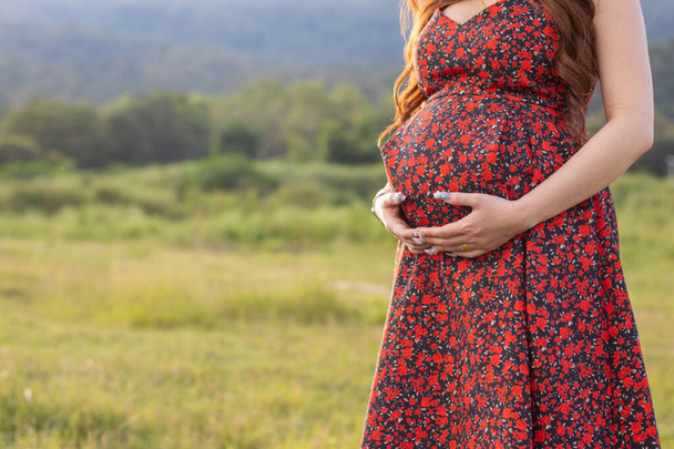 A pregnant woman nearing birth, wearing a vintage floral red maternity dress, is standing and grabs her stomach to relax in the grass and breathe in the fresh air, giving the unborn child good air. - Foto, imagen