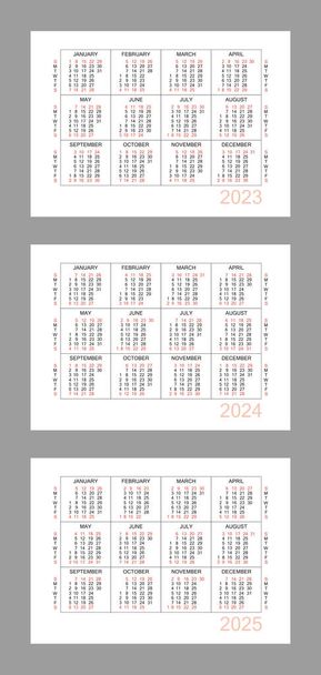 Horizontal calendar for 3 years - 2023, 2024, 2025. Simple calendar grid isolated on a white background, Sunday to Monday, business template. Yearly calendar ready for print. Vector illustration. - Vector, imagen