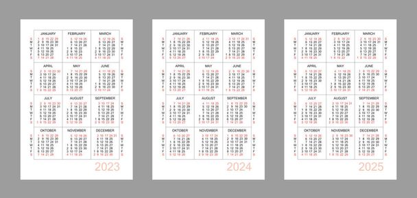 Vertical calendar for 3 years - 2023, 2024, 2025. Simple calendar grid isolated on a white background, Sunday to Monday, business template. Yearly calendar ready for print. Vector illustration. - Vektor, kép