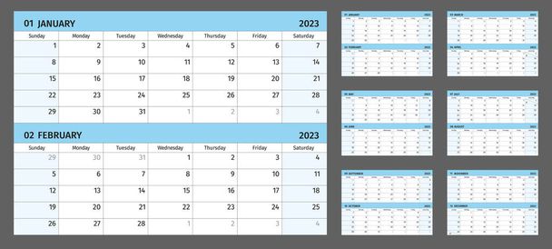 Horizontal calendar for 2023 years, 2 months on 1 page. Simple calendar grid isolated on a white background, Sunday to Monday, business template, ready for print. Vector illustration. - Vettoriali, immagini