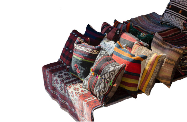 Traditional oriental pillows with decorative elements. Popular touristic souvenir. - Фото, изображение