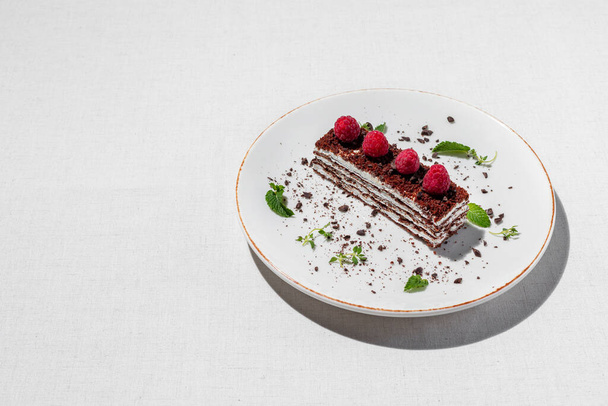 A piece of ice cream cake with chocolate chips and raspberries. The dessert lies on a light ceramic plate on a light tablecloth. - Photo, image