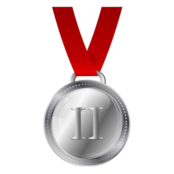 Silver medal with red ribbon isolated on white background. Award, prize for second place. Vector illustration. - ベクター画像