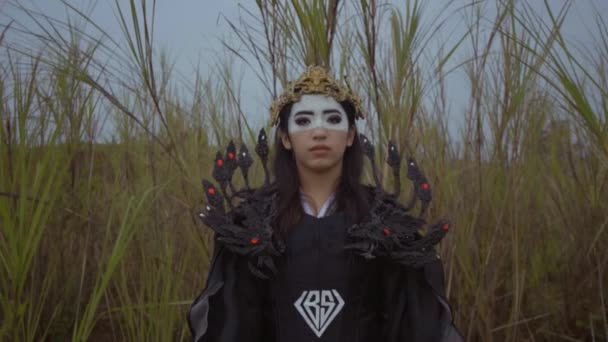 Asian woman with a Black Halloween costume standing between the grass in the desert during the morning - Materiał filmowy, wideo