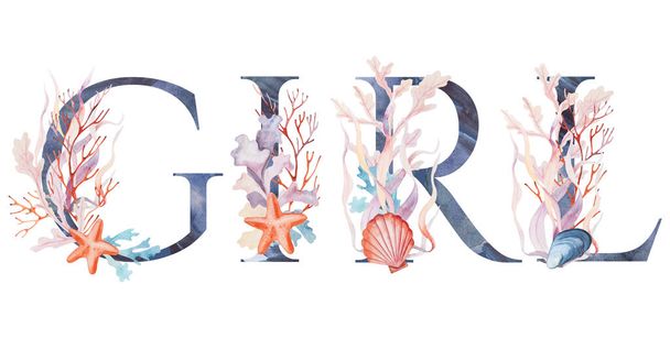 Word GIRL made of Blue letters with watercolor seaweeds, corals and seashells, baby shower party illustration. Hand drawn Underwater marine Element for design and crafting - Fotó, kép