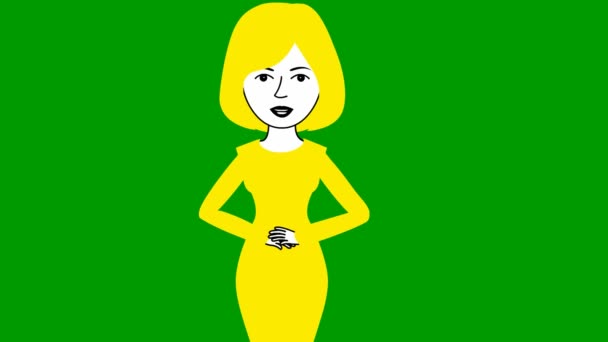 Animated speaking girl in yellow dress. The woman constantly tells something and gestures with her hands. Black hair. Flat vector illustration isolated on green background. - Footage, Video