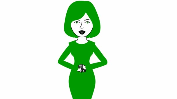 Анимированная говорящая девушка в зеленом платье. Женщина постоянно что-то говорит и жестикулирует руками. Черные волосы. Плоская векторная иллюстрация на белом фоне. - Кадры, видео