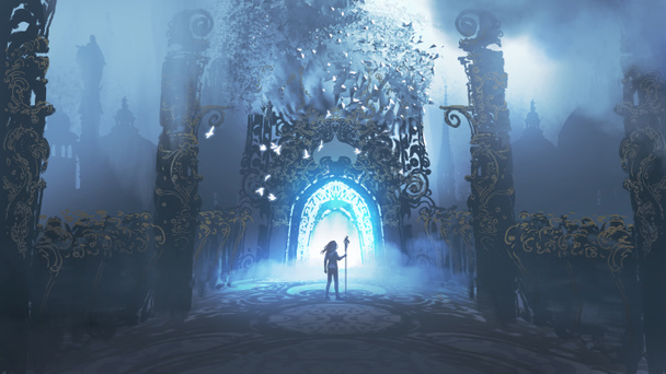 man with spear standing in front of the hallway leading to the mysterious castle, digital art style, illustration painting - Photo, image