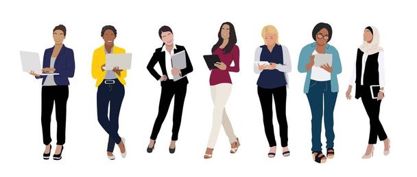 Multiracial business women. European, Asian, Afro American and Muslim young attractive girls standing with laptops and tablets wearing formal and smart casual clothing. Vector illustration isolated. - Διάνυσμα, εικόνα