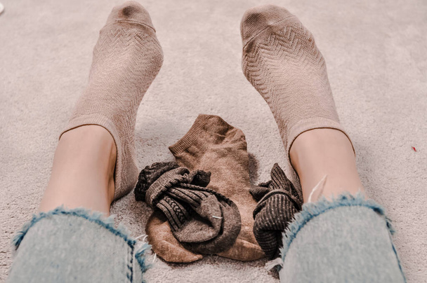 Close up of brown cotton socks autumn cozy clothing. - Foto, immagini