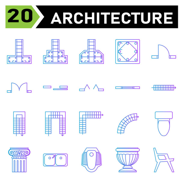 Architecture symbol icon set include pad, footing, structure, stepped, sloped, column, concrete, single, door, double, sliding, window, ventilation, stair, walk, step, u stair, l stair, curved, toilet - Vector, afbeelding
