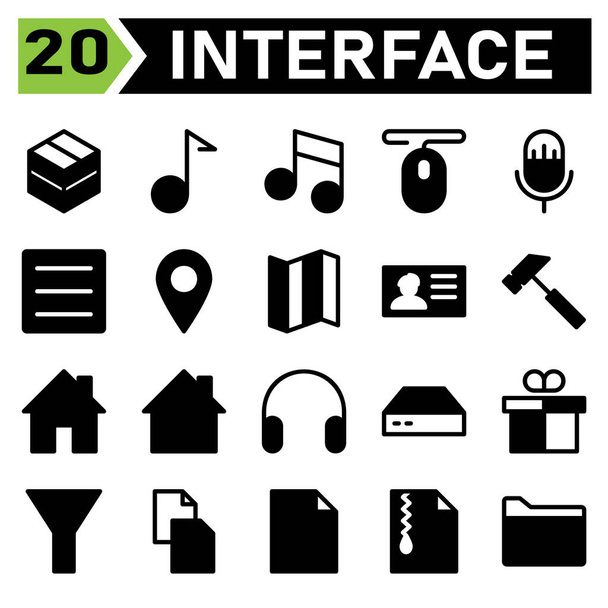 Web interface icon set include package, box, web app, shipment, gift, music, multimedia, note, player, mouse, pointer, click, microphone, mic, record, audio, menu, hamburger, list, pin, location - Vektor, obrázek