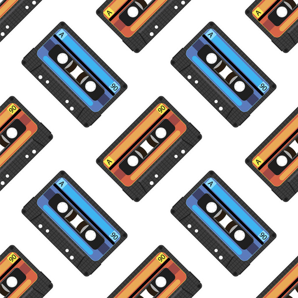 VIntage video tape or music cassette icon płaska ilustracja izolowana na białym tle. Płynny wzór. - Wektor, obraz