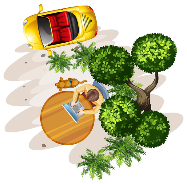 A topview of a table with a man, a tree and a vehicle - Vector, Image