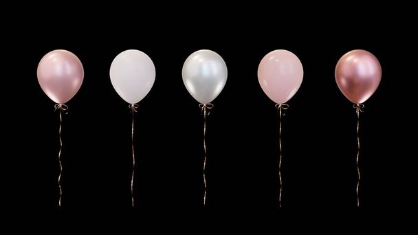 Pink air balloons on black isolated background. Helium balloons with gold ribbon. 3d rendering. - Φωτογραφία, εικόνα