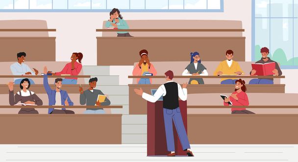 Students in Lecture Hall. University Auditorium With Teacher Back And Students Front View, Course Participants, Higher Education, Young Characters Studying In College. Cartoon Vector Illustration - Vector, Imagen
