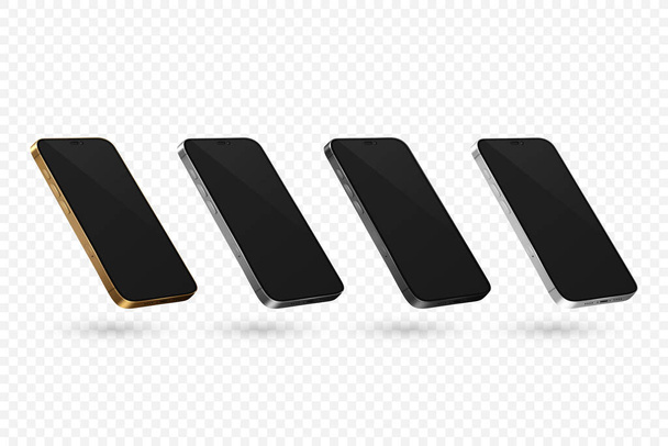 Vector 3d Realistic Modern Smartphone Design Template with Black Screen. Mobile Phone Set Isolated. Telephone Device UI UX, Phone in Half Turn View. - Вектор,изображение