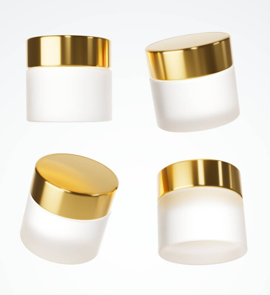 Чотири різні види матової скляної банки з золотою кришкою, 3D упаковка косметичного продукту ізольована на білому тлі, дизайн і брендинг готовий макет
 - Фото, зображення