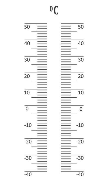 Verticale Celsius thermometer graad schaal. Grafisch sjabloon voor meteorologische meetinstrumenten geïsoleerd op witte achtergrond. Vector overzicht illustratie. - Vector, afbeelding