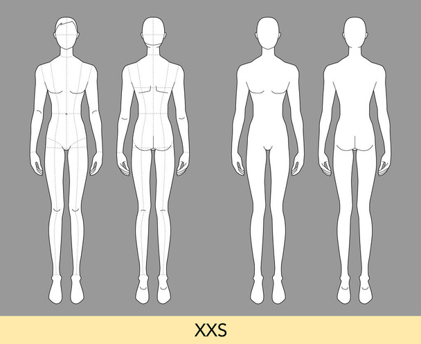 Set of XXS size Men Fashion template 9 head extra small Croquis with and without main lines Gentlemen model skinny body figure front back view. Vector isolated outline boy for Illustration, drawing - Вектор, зображення