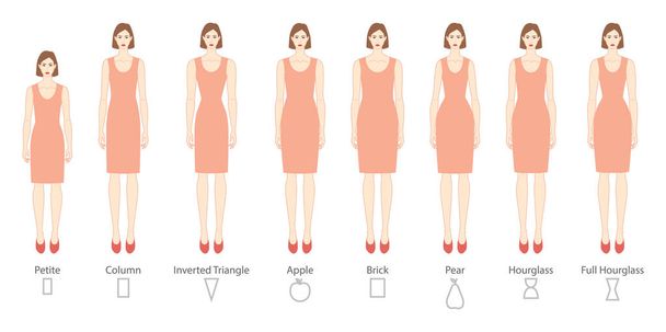 Set of Women body shape types: apple, pear, column, brick, hourglass, inverted triangle, petite in pink dress. Female Vector illustration 9 head size lady figure front view girl for fashion sketching - Vektor, obrázek
