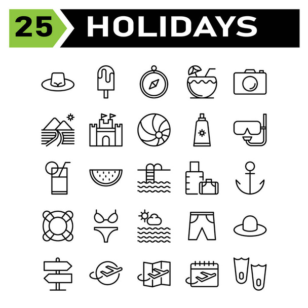 Набір іконок відпустки включає капелюх, мода, пляж, шапка, відпустка, подорож, морозиво, десерт, холод, навігація, компас, напрямок, місце розташування, кокос, напій, сік, напій, камера, фотографія
 - Вектор, зображення