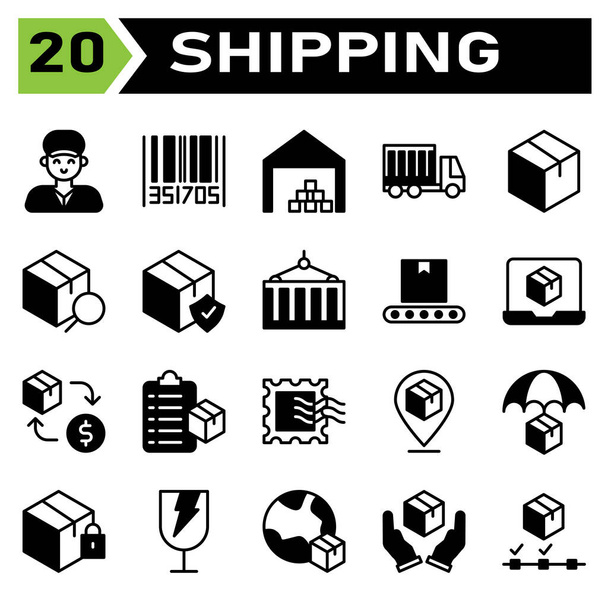 Shipping and logistic icon set include man, delivery, holding, service, courier, customer, bar code, tracking, order, bar, code, shipping, warehouse, garage, storehouse, logistic, box, cargo, truck - Vetor, Imagem