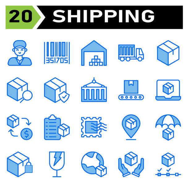 Shipping and logistic icon set include man, delivery, holding, service, courier, customer, bar code, tracking, order, bar, code, shipping, warehouse, garage, storehouse, logistic, box, cargo, truck - ベクター画像