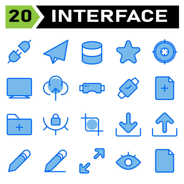 User interface icon set include plug, cable, connector, electric, power, mail, send mail, send, letter, communication, server, data storage, database, storage, data, star, favorite, feedback, bookmark - Vetor, Imagem