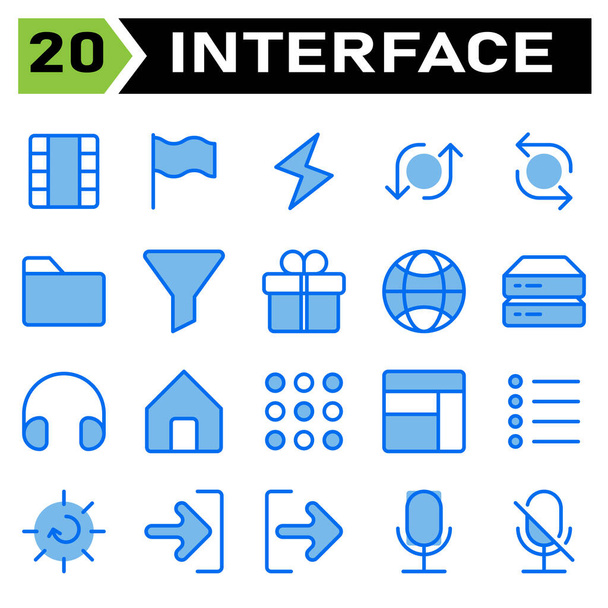 User interface icon set include film, movie, roll film, video, cinema, flag, symbol, national, country, sign, flash, lightning, thunder, light, flip, shuffle, repeat, arrow, arrows, folder, paper - Vektori, kuva