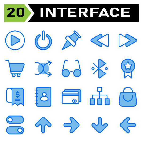 User interface icon set include play, button, circle, start, interface, power, power on, power office, push pin, pin, location, map, user interface, rewind, backward, left arrow, rewind backward - Vektor, obrázek