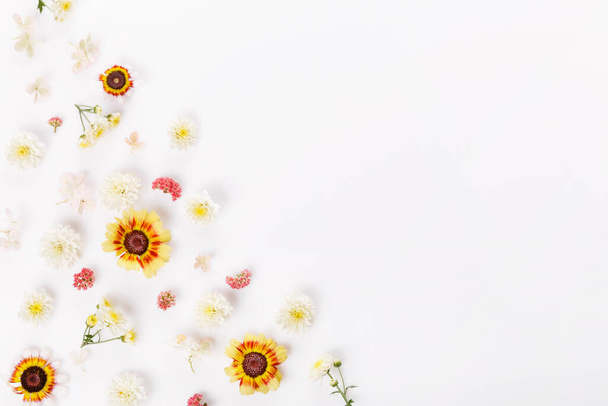 Рамка з дрібних квітів хризантеми і ромашки, квіткова композиція на білому тлі. Весна, літо, Великодня концепція. Плоский простір, вид зверху, простір для копіювання
 - Фото, зображення