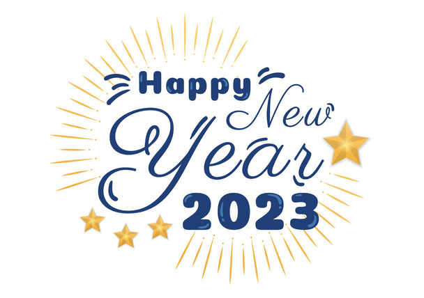 Happy New Year 2023 Celebration Template Hand Drawn Cartoon Flat Background Illustration with Fireworks, Ribbons and Confetti Design - Vector, Image