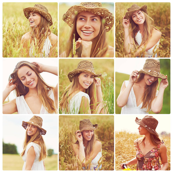Breathe the fresh air of the countryside. Composite image of a beautiful young woman outside in a field - Фото, изображение