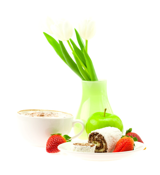 Sweet rolls and strawberry on a saucer cup of cappuccino vase wi - Foto, Imagem