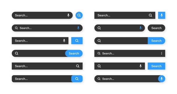 Various search bar templates, dark mode. Internet browser engine with search box, address bar and text field. UI design, website interface element with web icons and push button. Vector illustration. - Vektor, kép