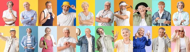 Collage of different elderly people on color background - Photo, image