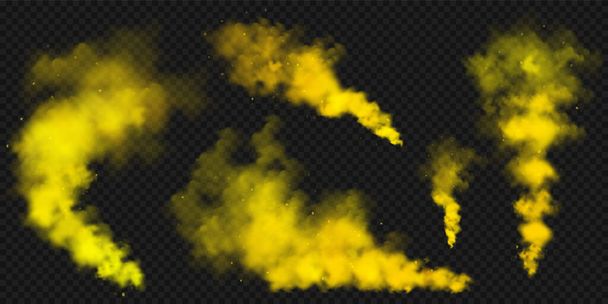Realistic yellow colorful smoke clouds, mist effect. Colored fog on dark background. Vapor in air, steam flow. Vector illustration - Vektor, Bild