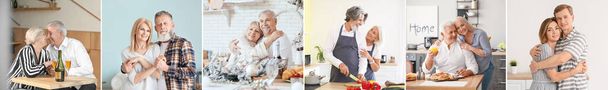 Collage with happy mature and elderly couples at home - Fotografie, Obrázek