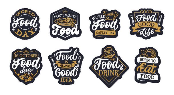 The set of lettering patches on Food day. The badges, and emblems are in retro style. The vector illustration - Vektor, obrázek
