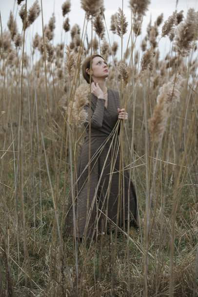 Fashion outdoor portrait of young woman in autumn brown long sleeve dress. - Photo, image