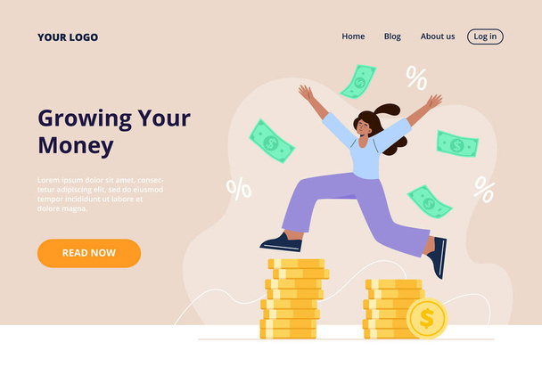 Personal finance management and financial literacy concept. A woman jumps on stacks of coins and picks up cash. Vector flat illustration for web page or banner. - Vector, Imagen