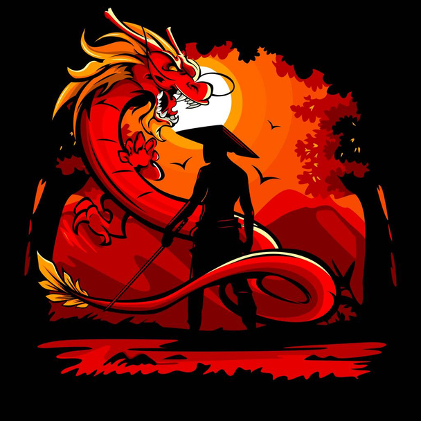 Vector illustration of a swordsman facing a dragon - Vektor, Bild
